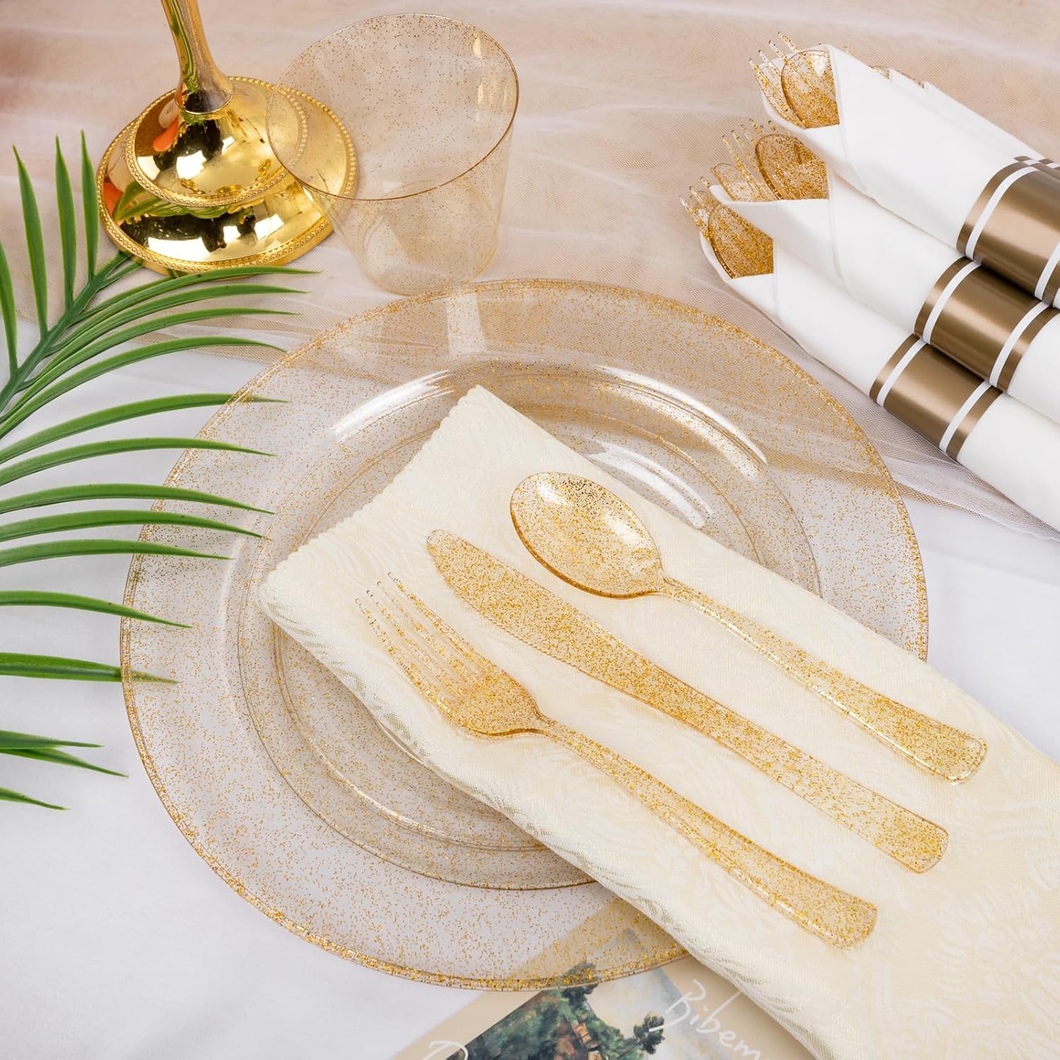 WELLIFE 210Pcs Gold Glitter Dinnerware Set for 30 Guests