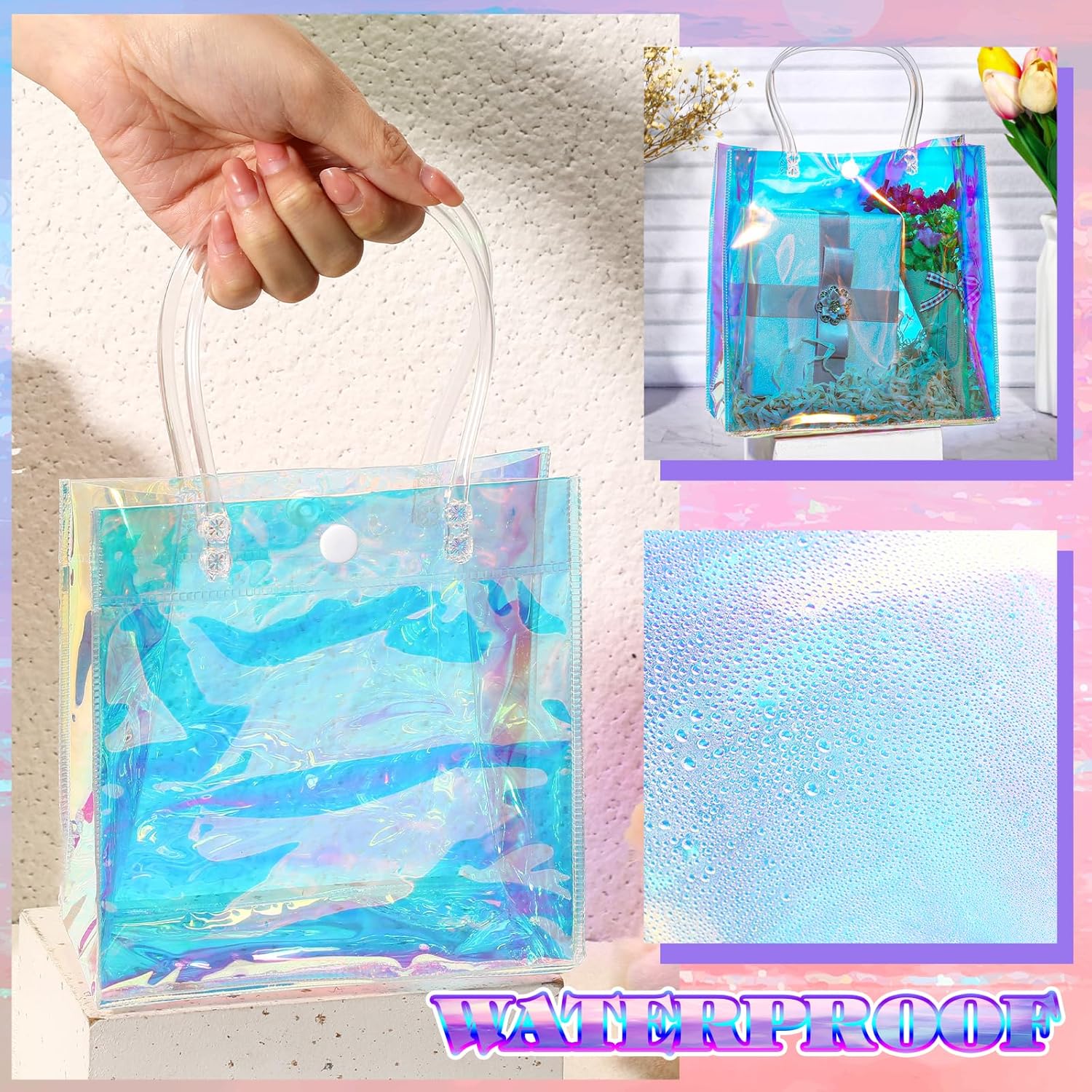 Sherr 16 Pcs Iridescent Clear Gift Bags with Handles