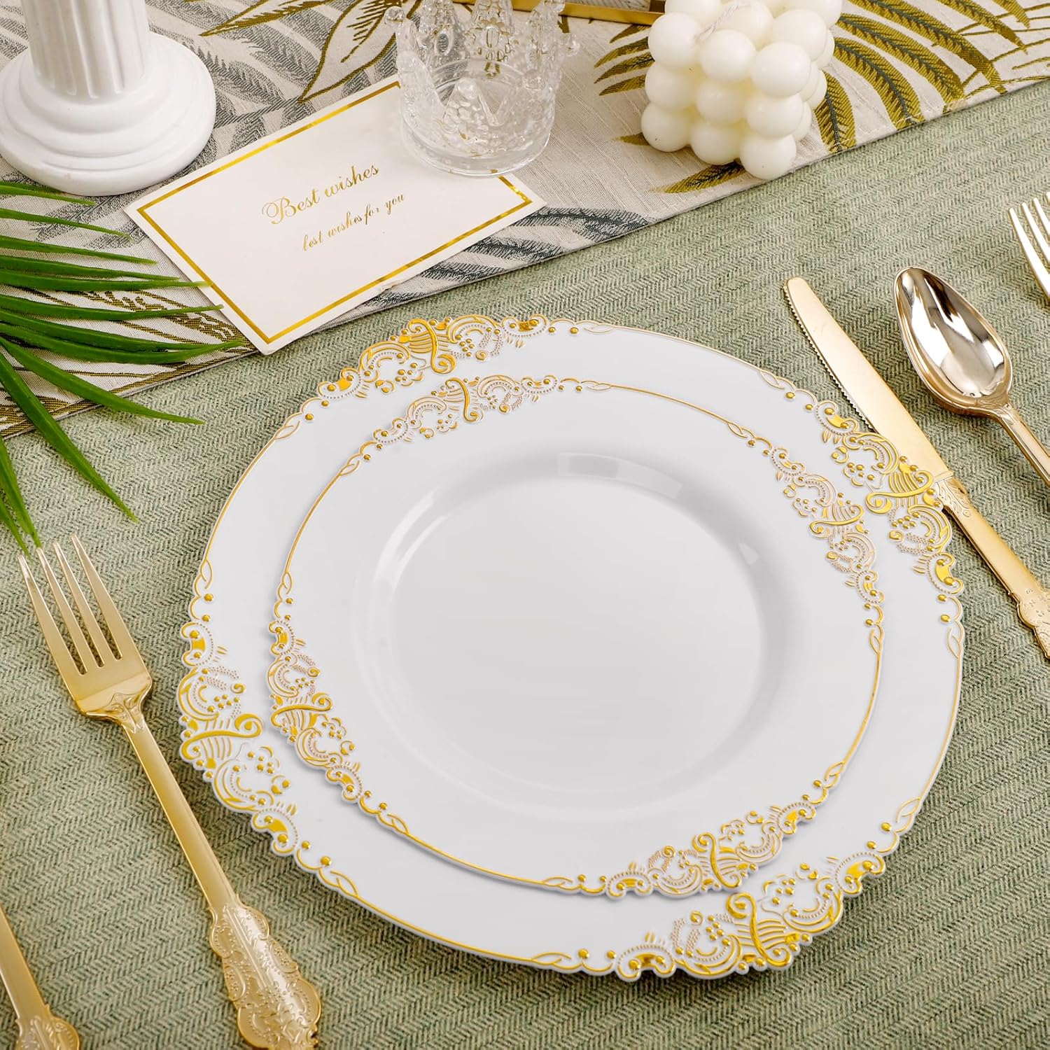 102PCS White and Gold Plastic Plates for Weddings Parties