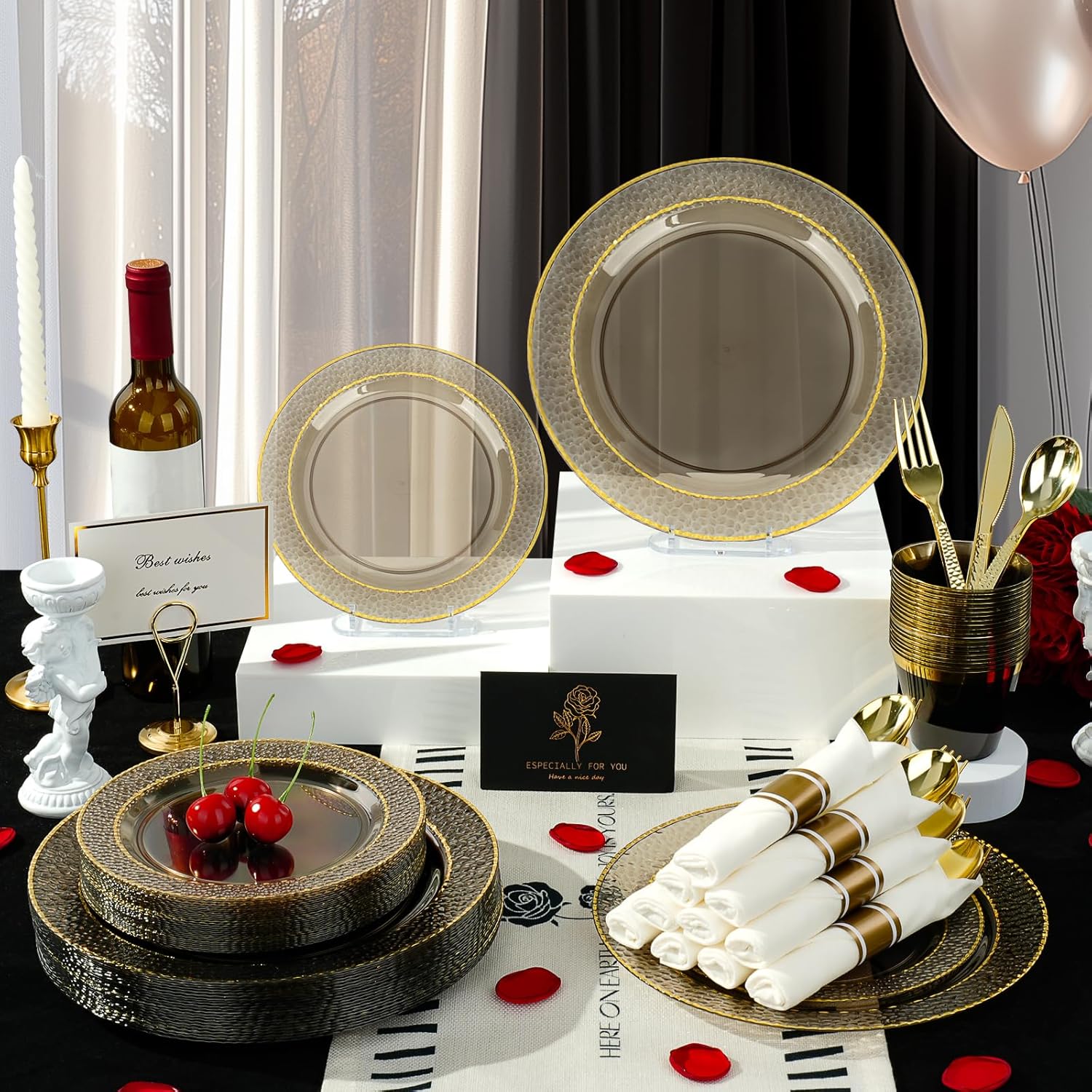 350PCS Clear Black Plastic Plates for 50 Guests