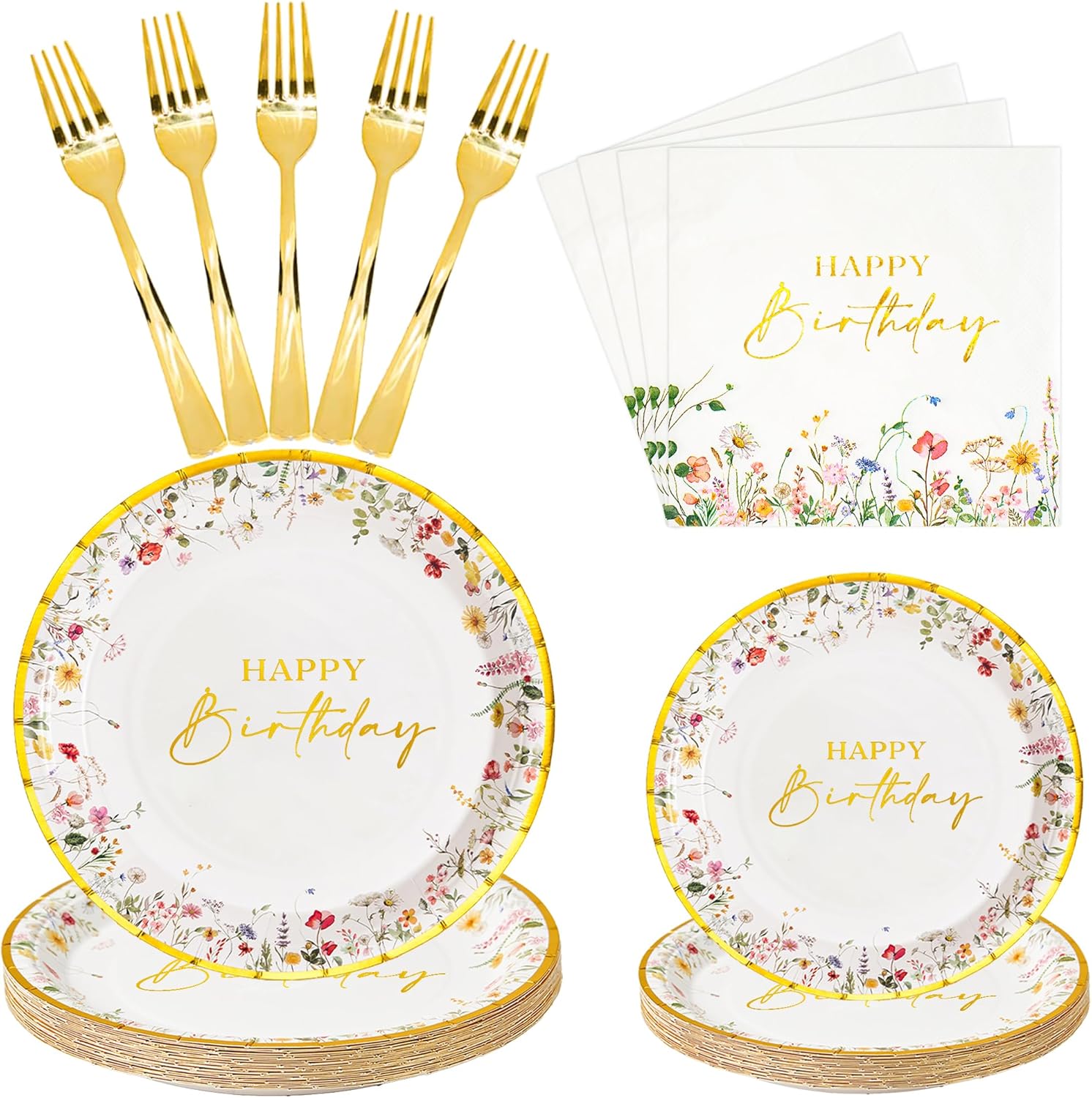 Crisky Gold Foil Birthday Plates and Napkins Set of 24