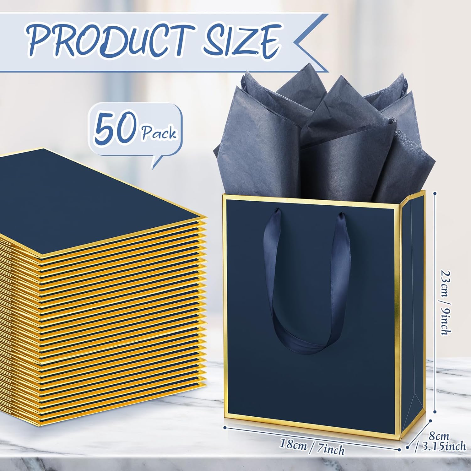Yeaqee 50 Pack Metallic Gift Bags with Handle and Tissue Paper