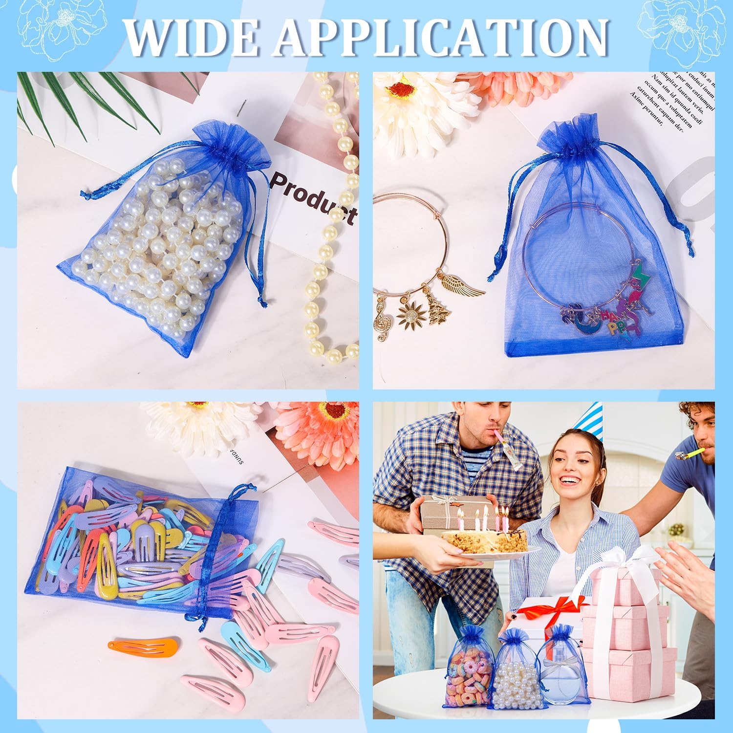 Hopttreely 100pcs Royal Blue Organza Gift Bags for Christmas Party
