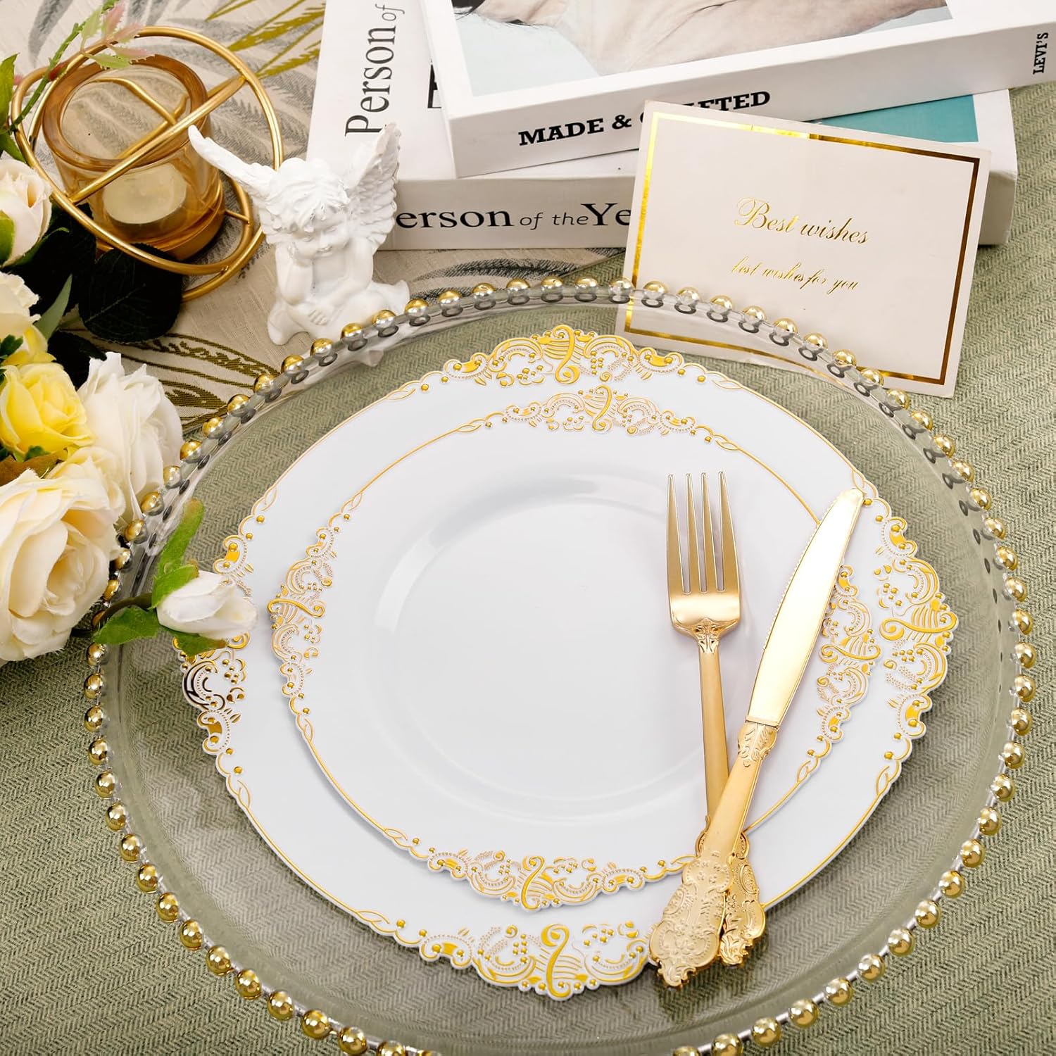 102PCS White and Gold Plastic Plates for Weddings Parties