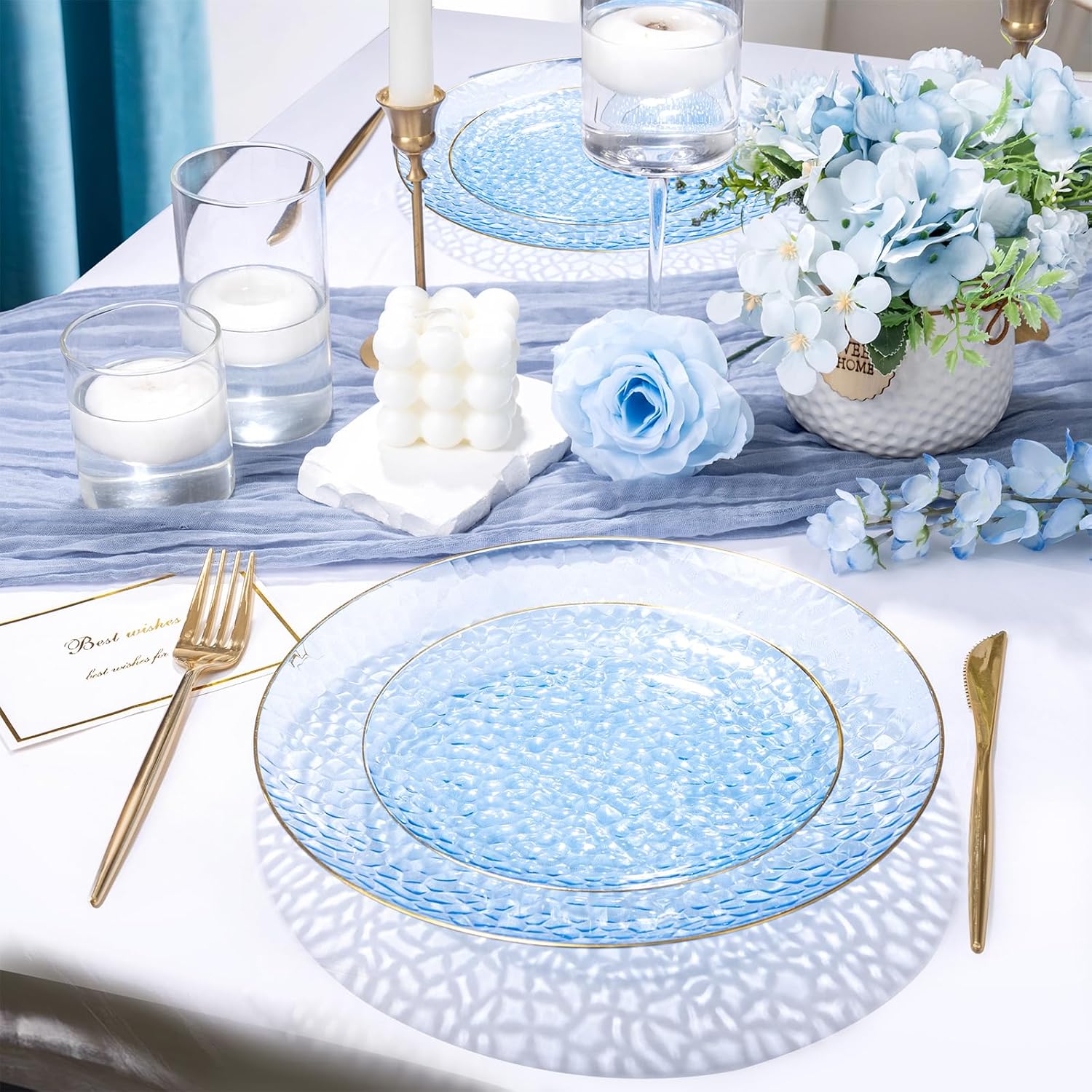 Rubtlamp 100 Pcs Blue Gold Plastic Plates - 10 Inch