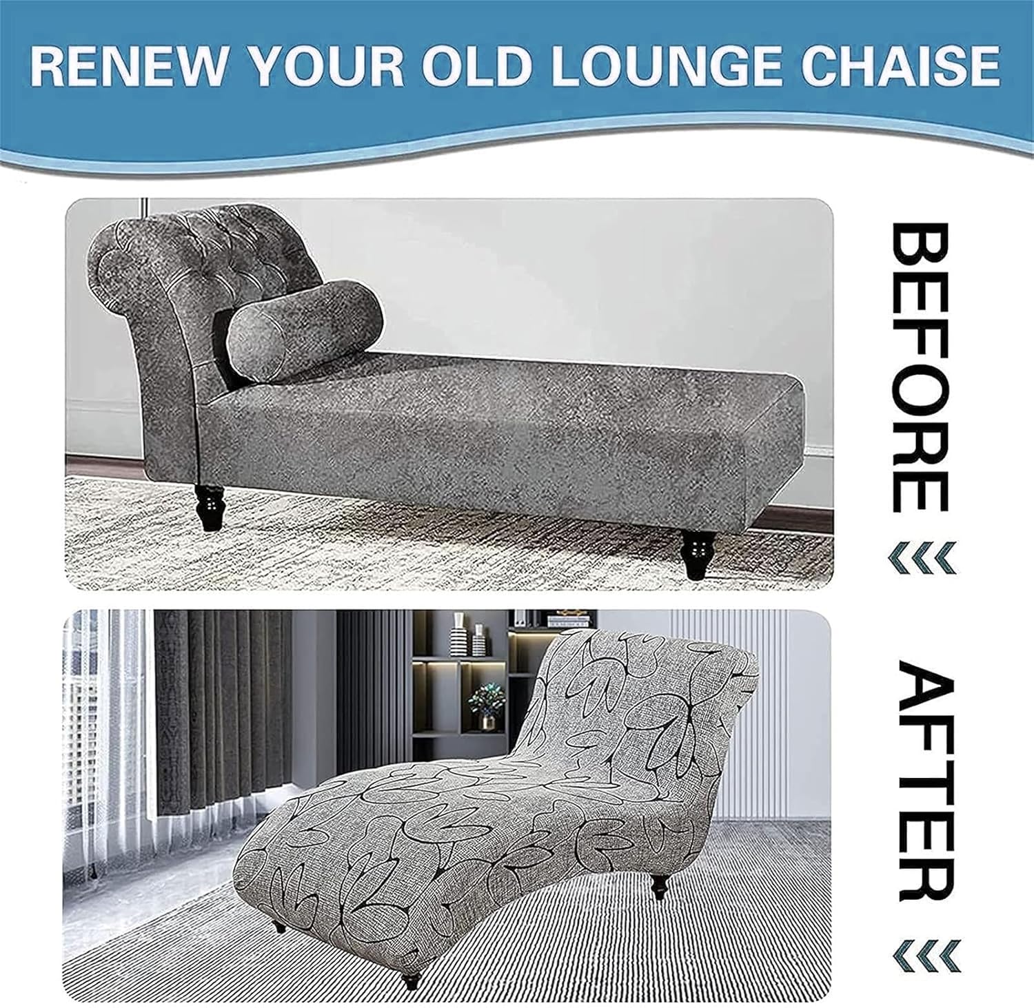Printed Armless Chaise Lounge Chair Covers with Round Pillowcase