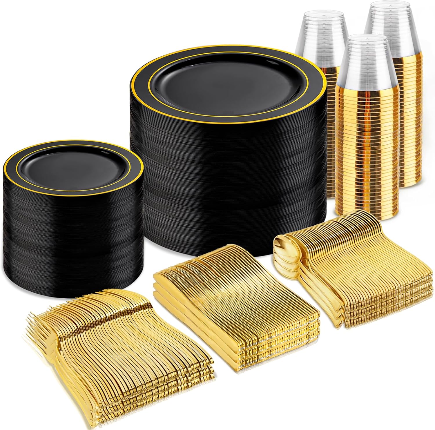 bUCLA 600PCS Black and Gold Disposable Dinnerware Set for Parties