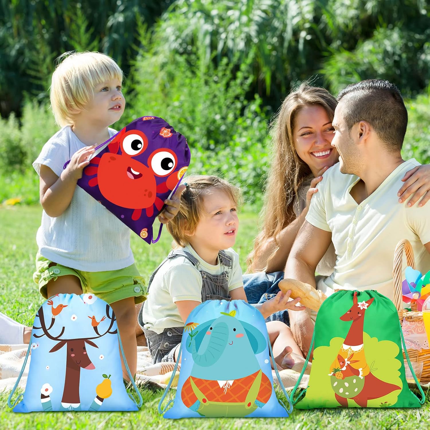 WILLBOND 24 Pack Safari Animal Drawstring Gift Bags for Kids