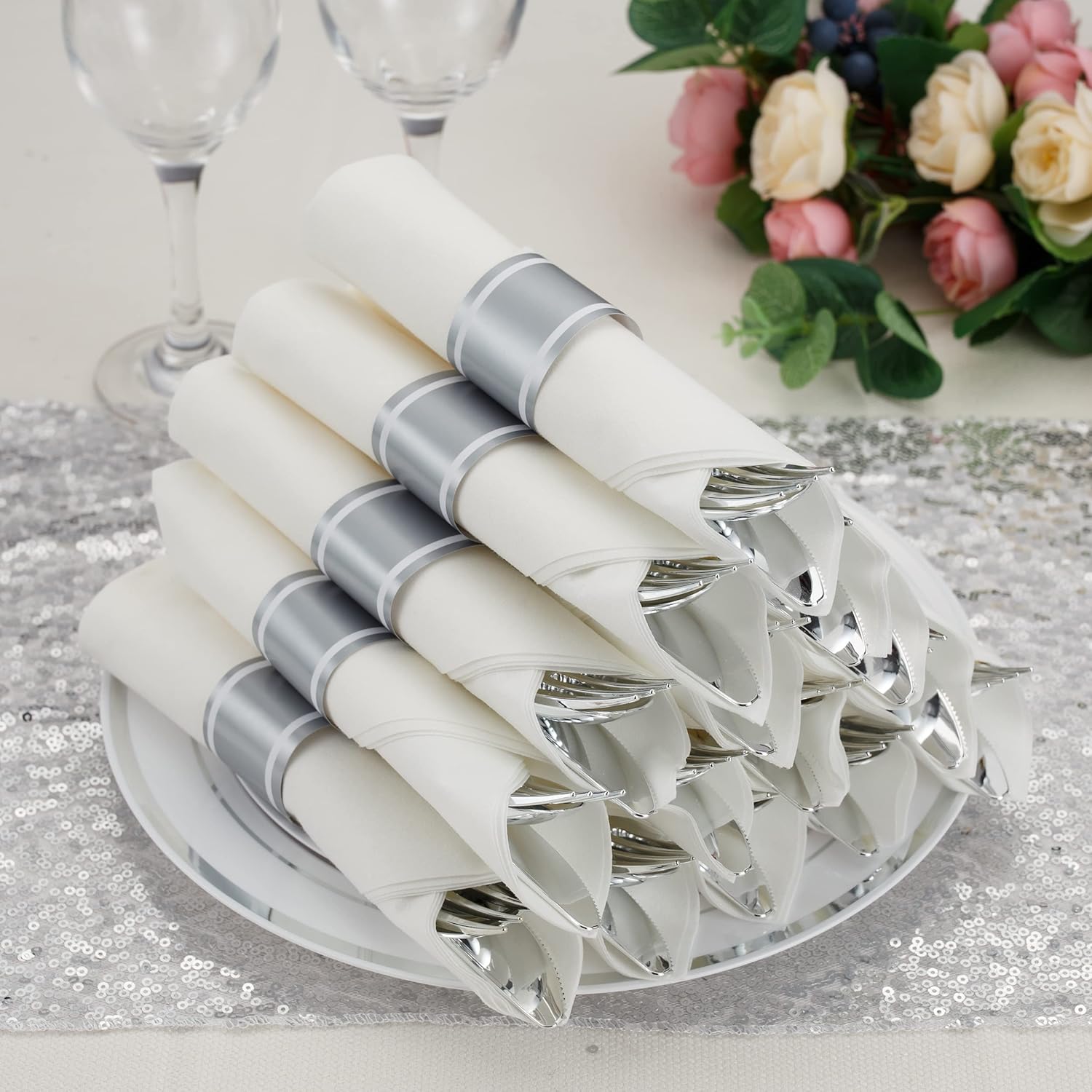 50 Pack Silverware Set with Napkins for Parties