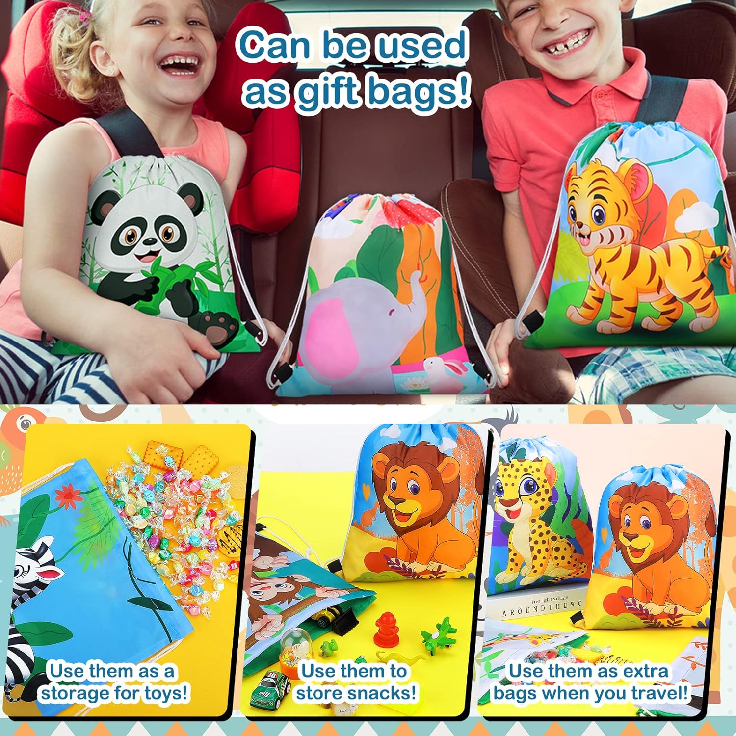 Gerrii 32 Piece Jungle Animal Drawstring Bags for Kids Birthday Party Supplies