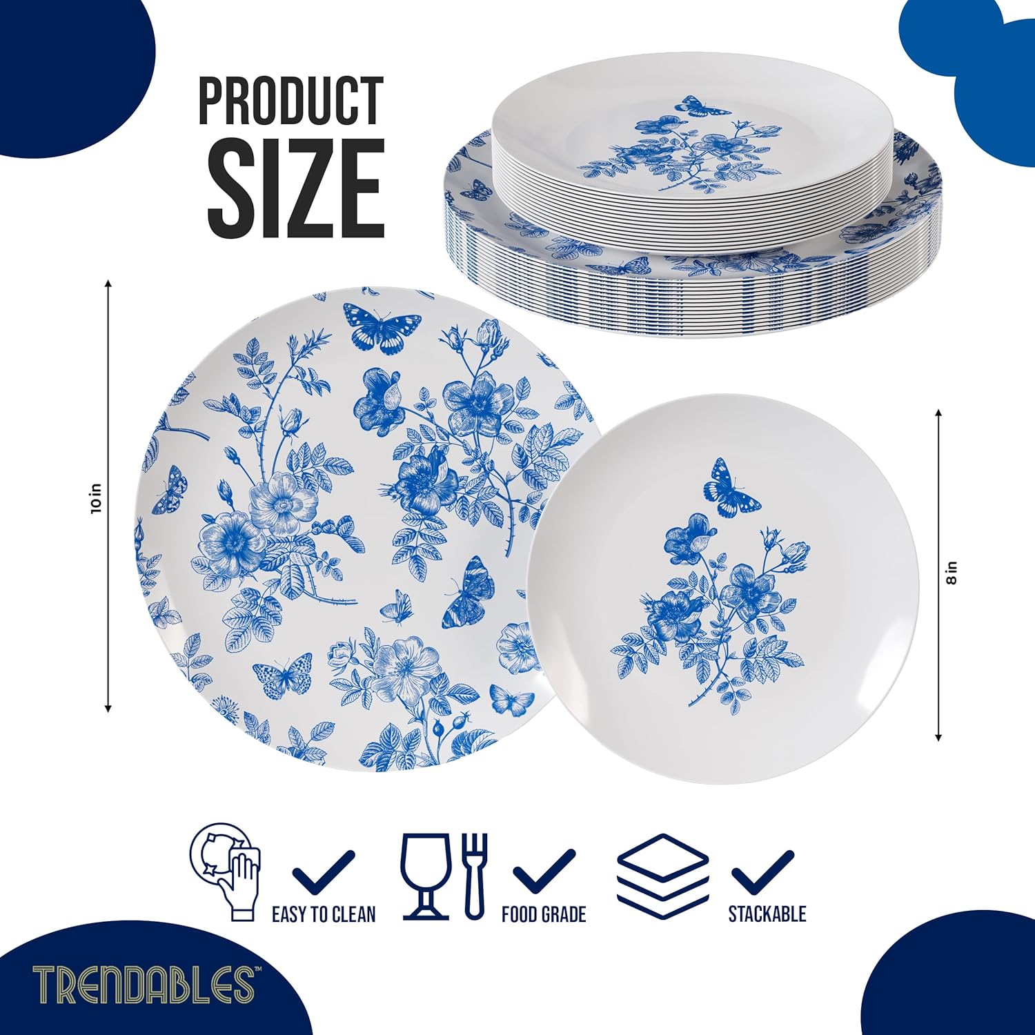 Trendables Blue Floral Plastic Plates 40 Pcs Set