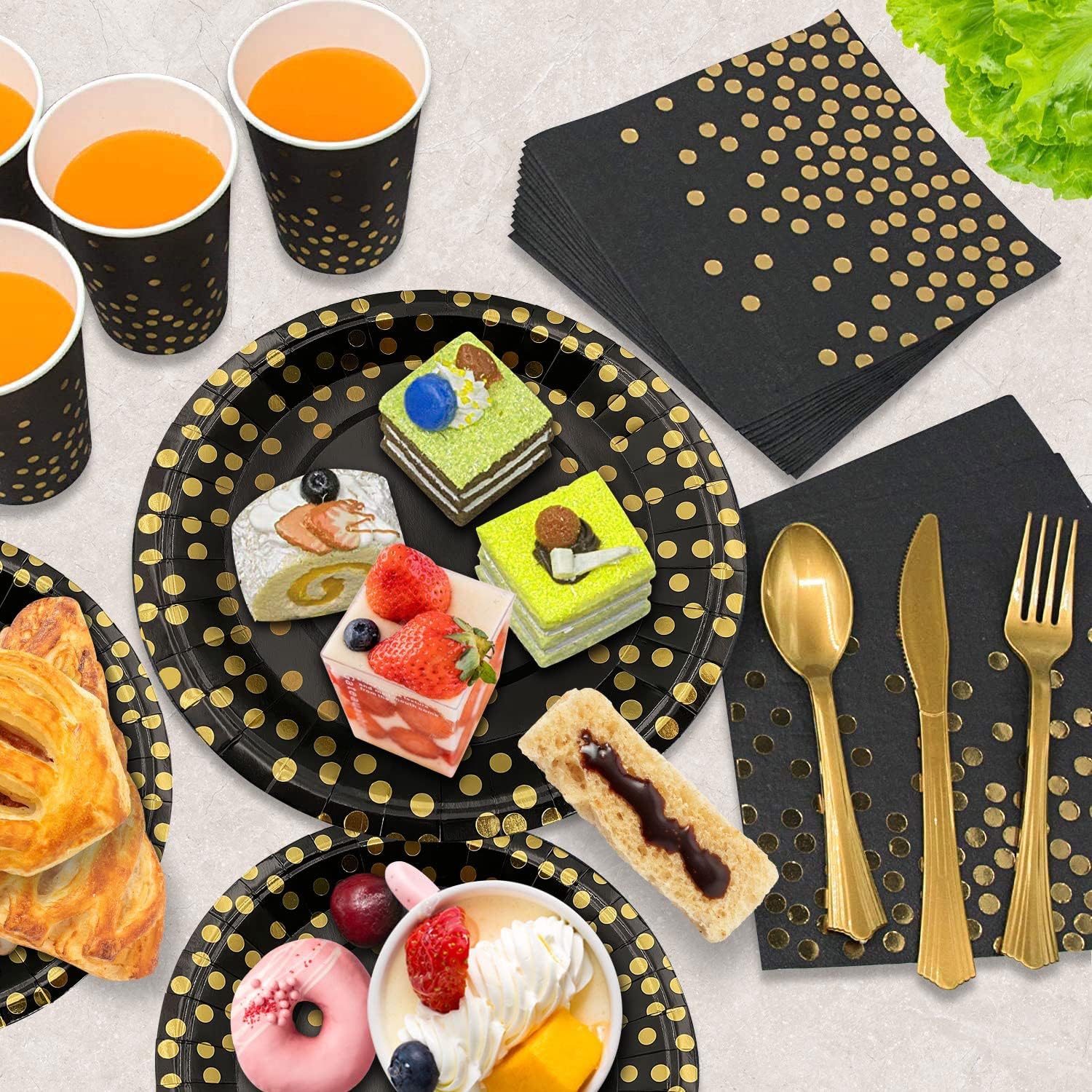 AIRE Black and Gold Paper Plates for 25 Guests Party Set