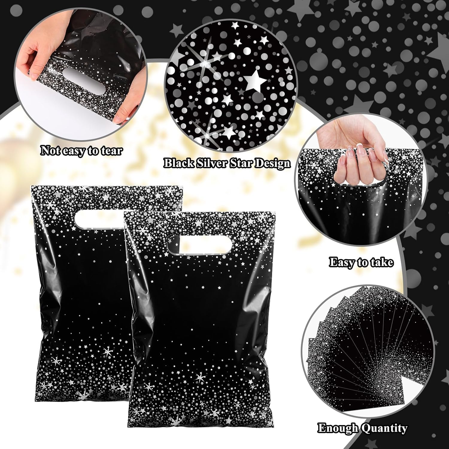 Pasimy 50 Pcs Black and Silver Gift Bags with Handles for Parties