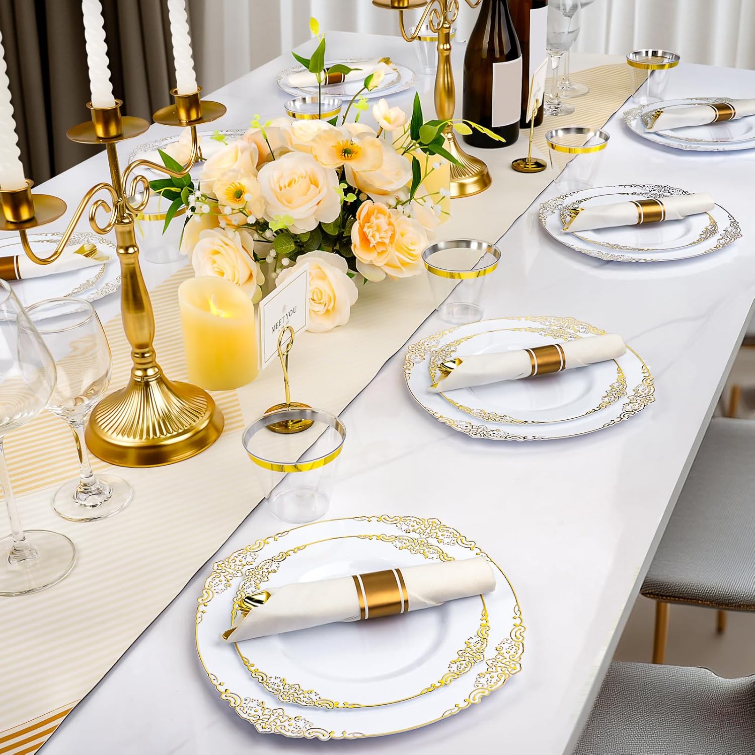350 PCS White Gold Plastic Plates for 50 Guests