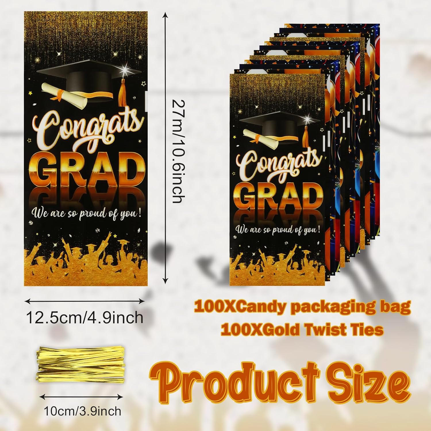 Graduation Cellophane Treat Bags 100pcs Black Gold Congrats Gift Bags