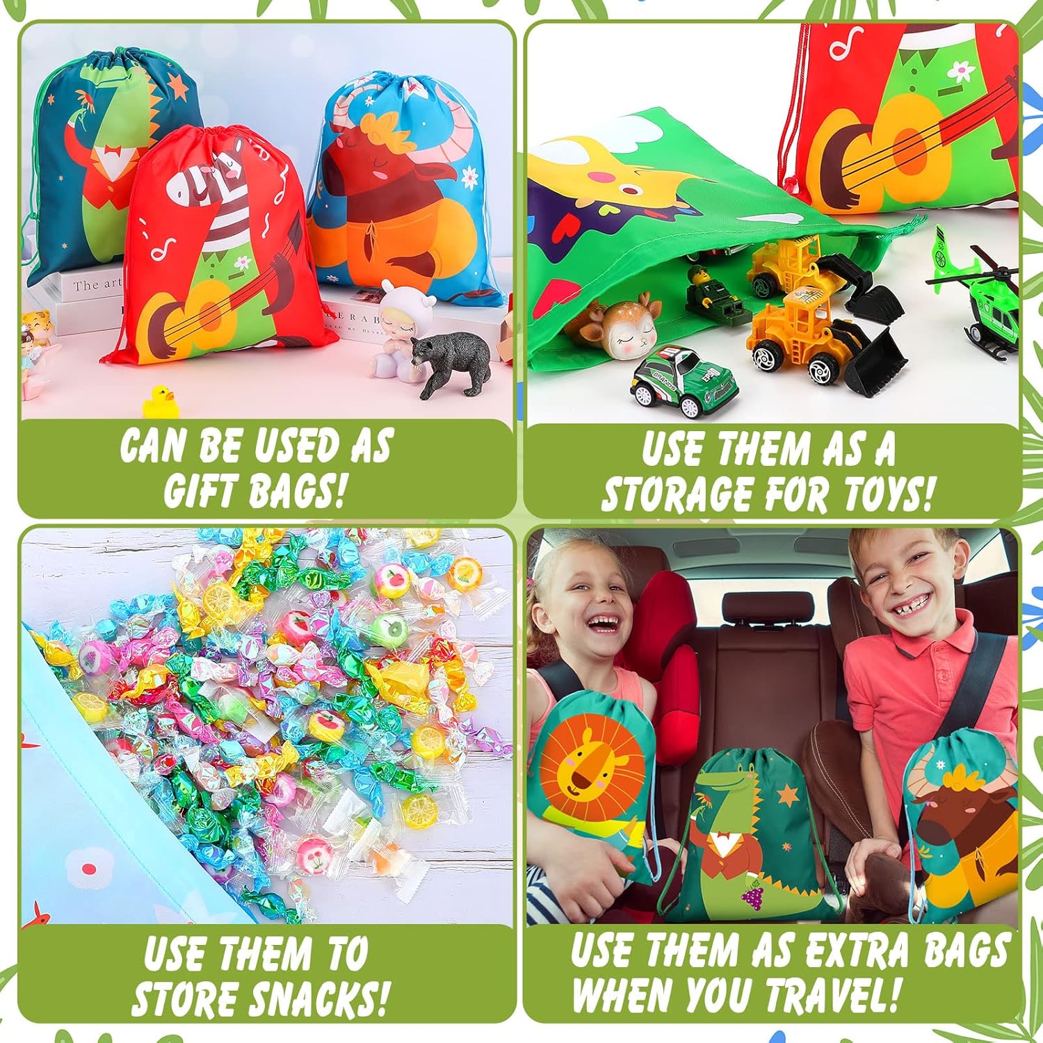 WILLBOND 24 Pack Safari Animal Drawstring Gift Bags for Kids