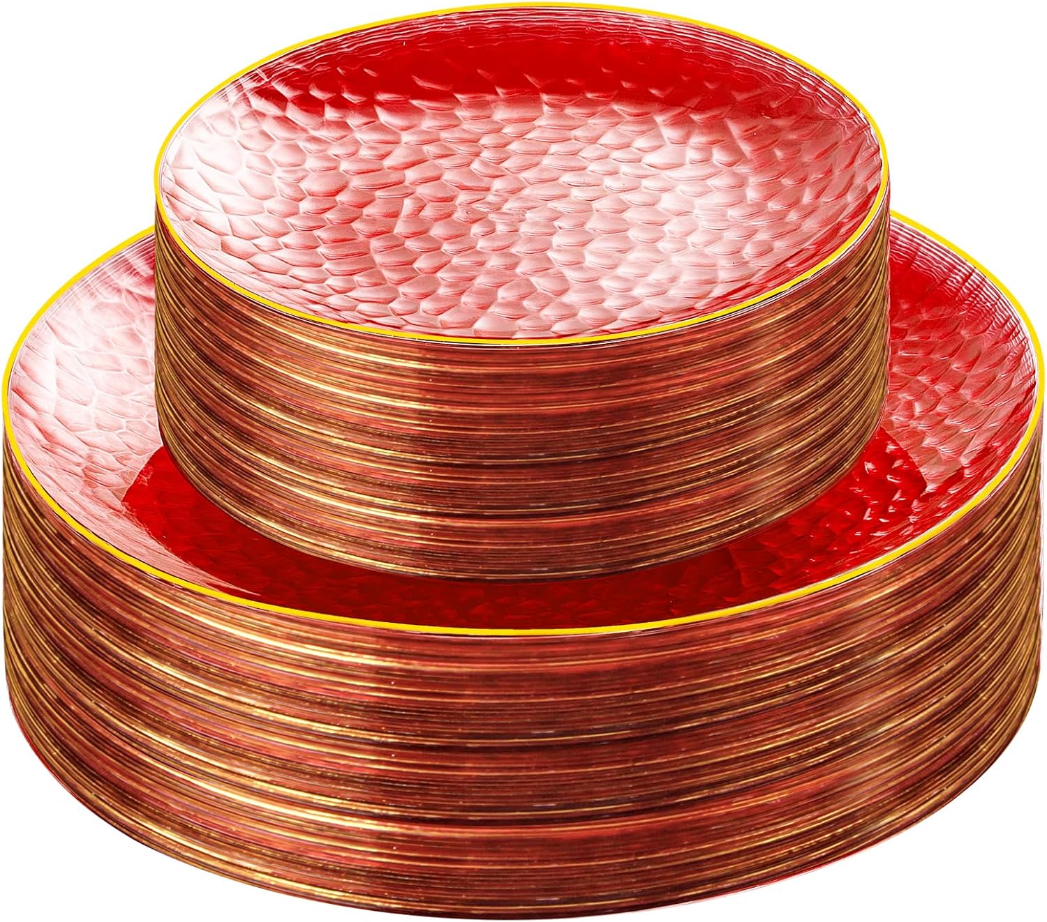 Rubtlamp 60 Pcs Red Plastic Plates with Gold Rim
