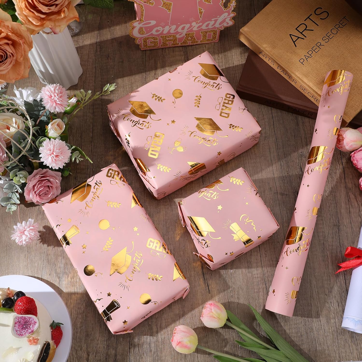 AmazingSpark 2025 Graduation Gift Wrap Paper Roll Pink