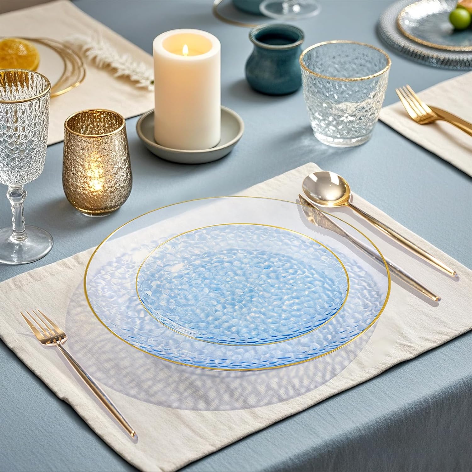 Rubtlamp 100 Pcs Blue Gold Plastic Plates - 10 Inch