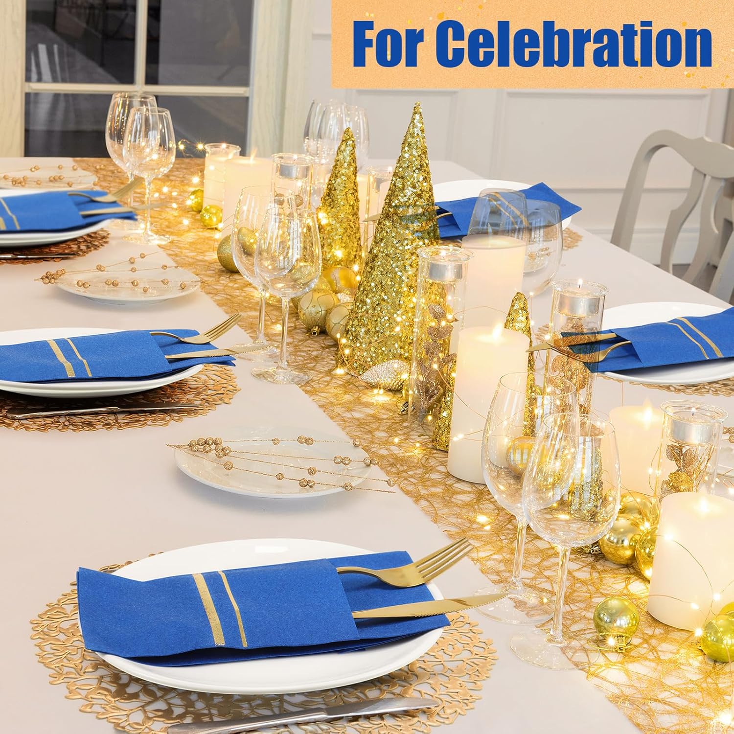 Roshtia 100 Pack Gold Trim Dinner Napkins with Flatware Pocket