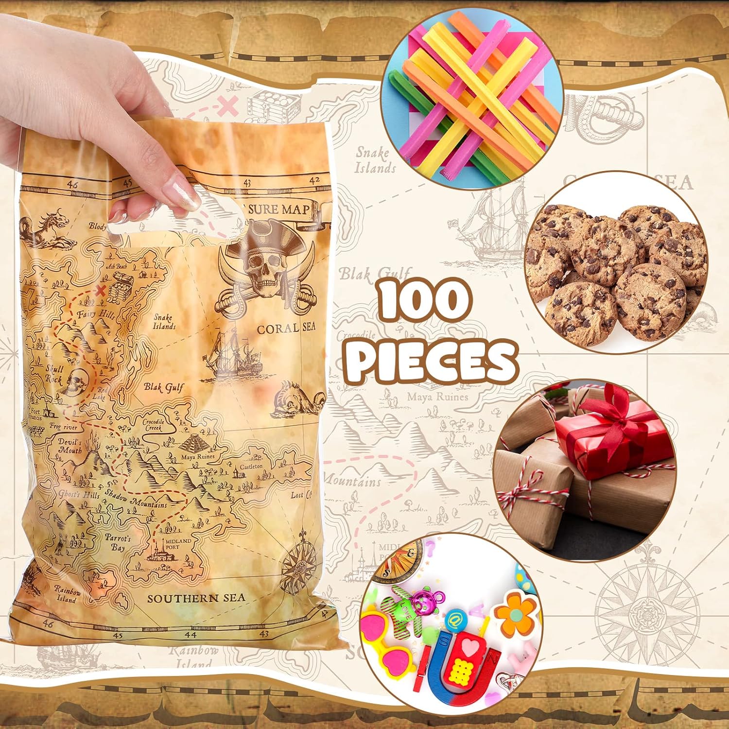 Yinder Pirate Treat Candy Bags 100 Pcs Treasure Map Party Favors