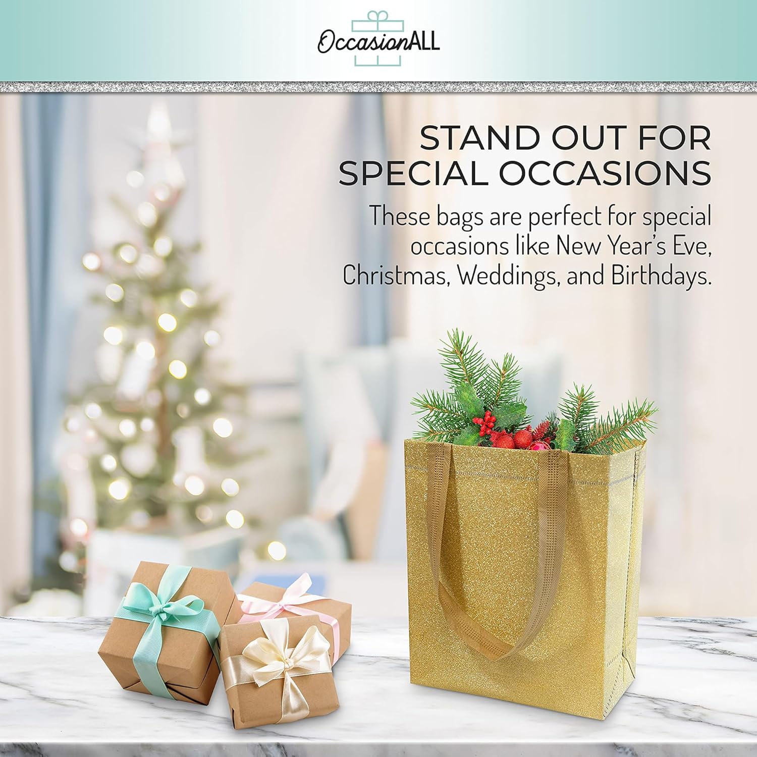 OccasionALL Gold Gift Bags 12 Pack with Handles