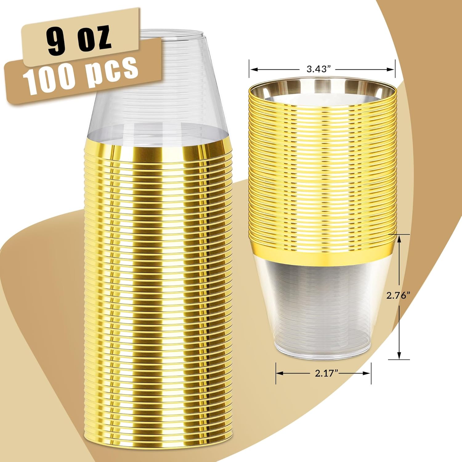Zcaukya 100pcs 9oz Gold Rim Plastic Cups