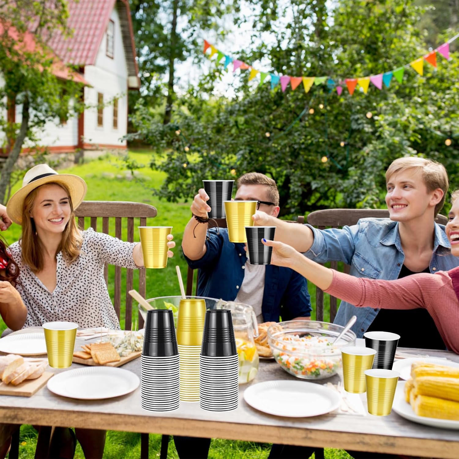 100 Pcs Black and Gold Plastic Cups 12 Oz for Party