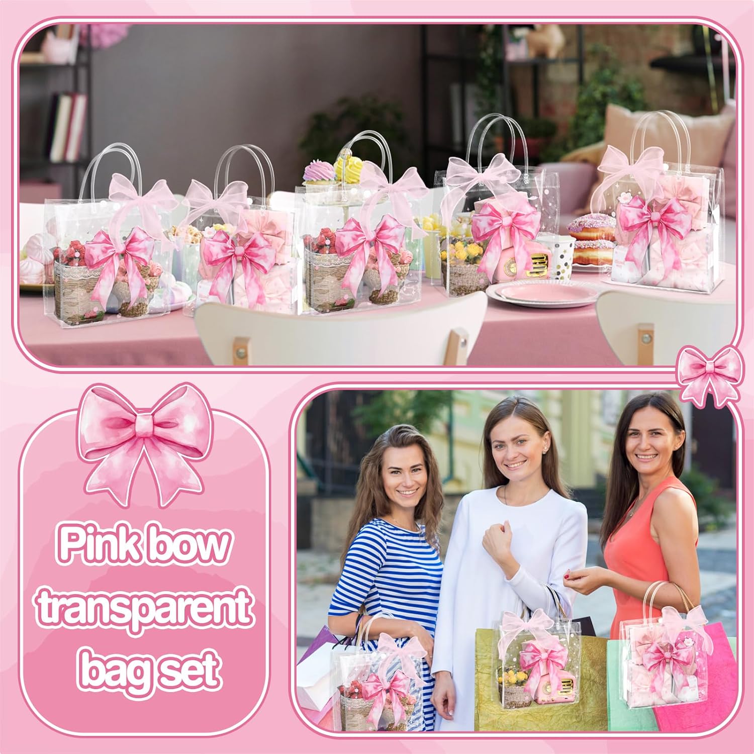 Wesnoy 24 Pcs Pink Bow Clear PVC Gift Bags with Handles