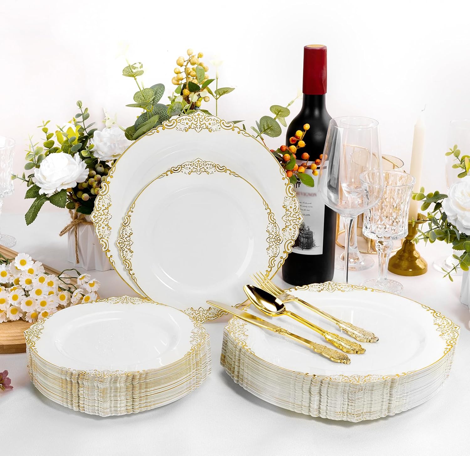 100 PCS White Gold Plastic Plates for 50 Guests