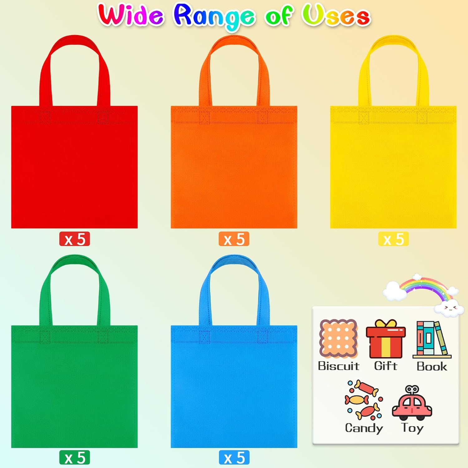 Aneco 25 Pack Reusable Gift Bags Rainbow Tote with Handles