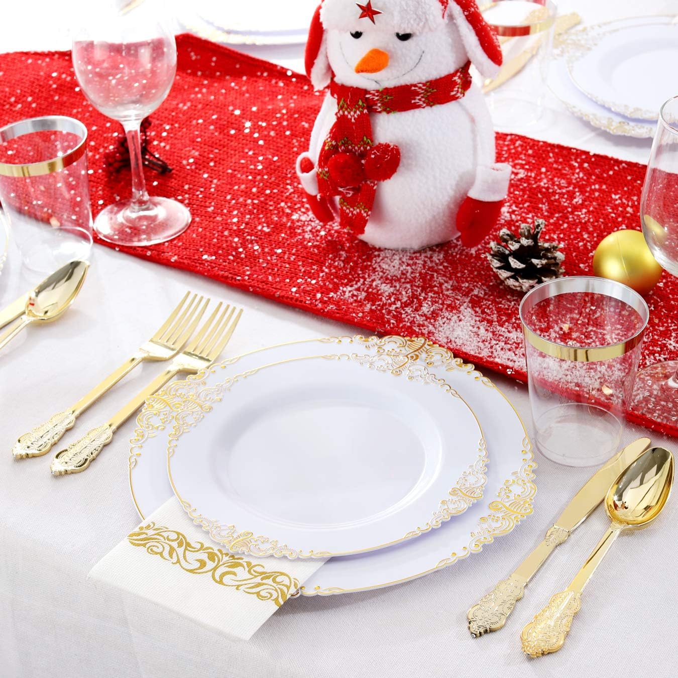 Nervure 175PCS White and Gold Plastic Plates Set