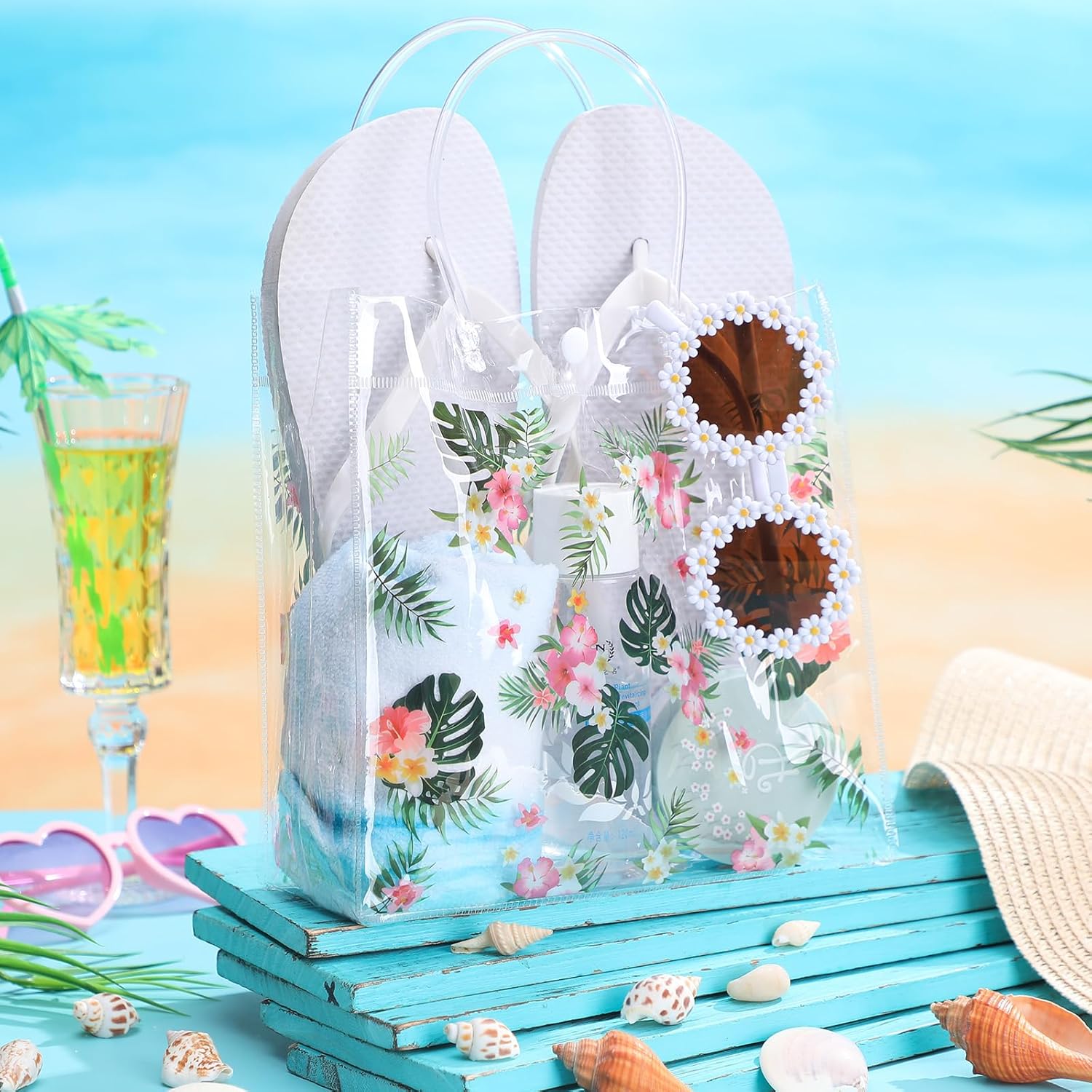 Engrowtic 24 Pcs Hawaiian Clear Gift Bags with Handle