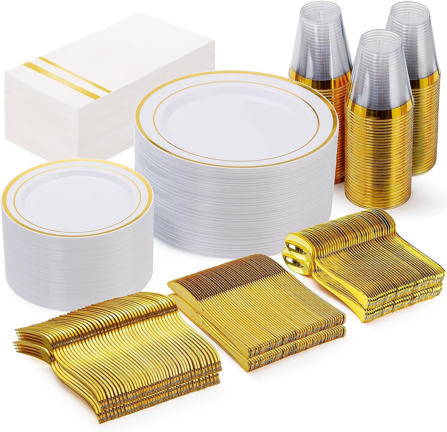 GATHER 350PCS White and Gold Plastic Plates Set for Party Wedding