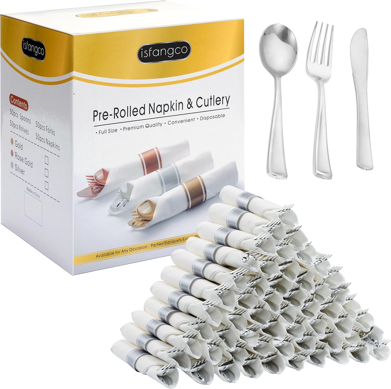 50 Pack Silverware Set with Napkins for Parties