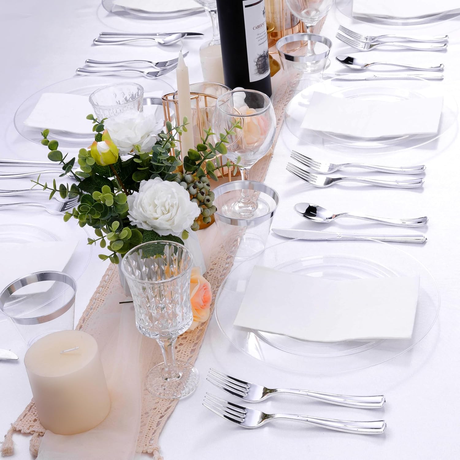 100PCS Clear Plastic Plates for 50 Guests Party Wedding Use