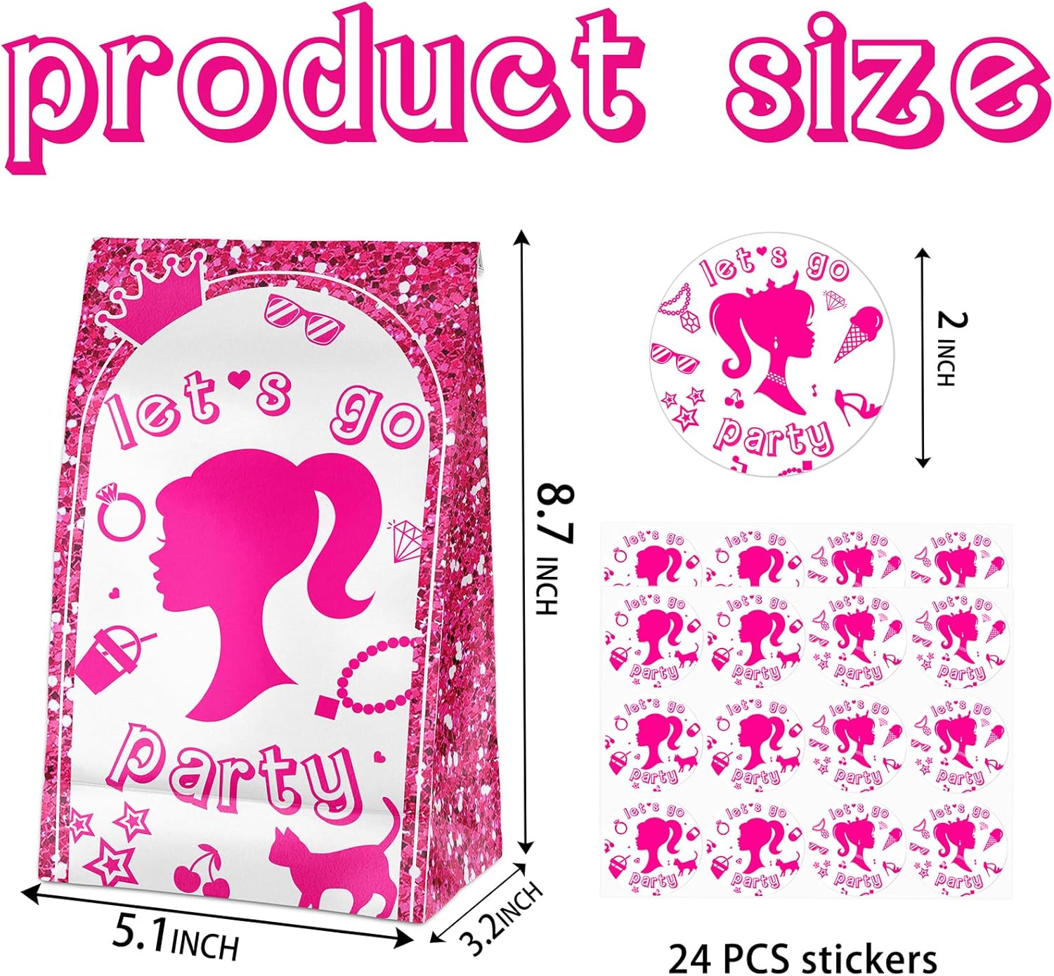 24 Pcs Pink Goodie Bags with Stickers for Girls