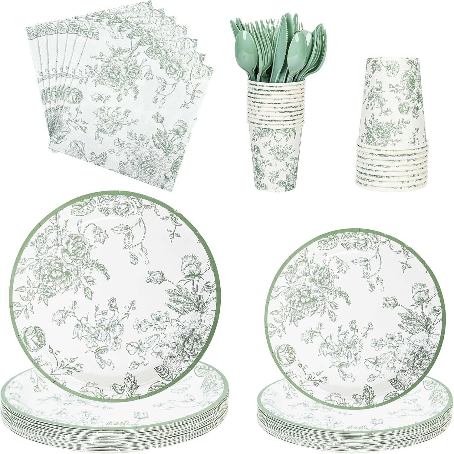 175Pcs Sage Green Floral Party Set Plates Napkins Cups Cutlery