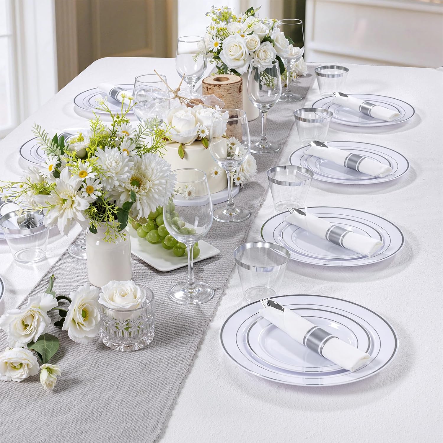 DaYammi 350PCS Silver Plastic Dinnerware Set for 50 Guests
