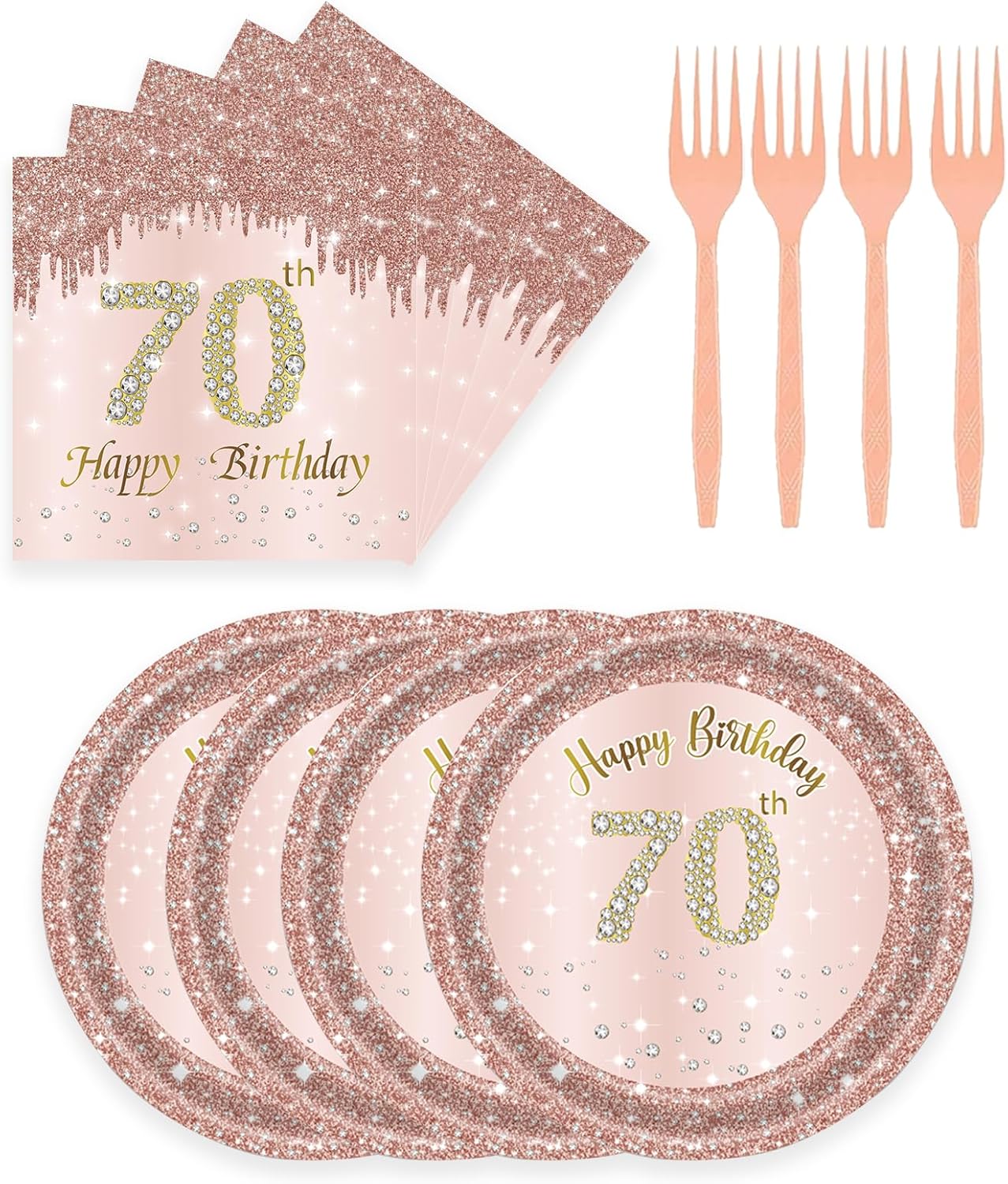 72 Pcs Rose Gold 70th Birthday Party Plates and Napkins Set
