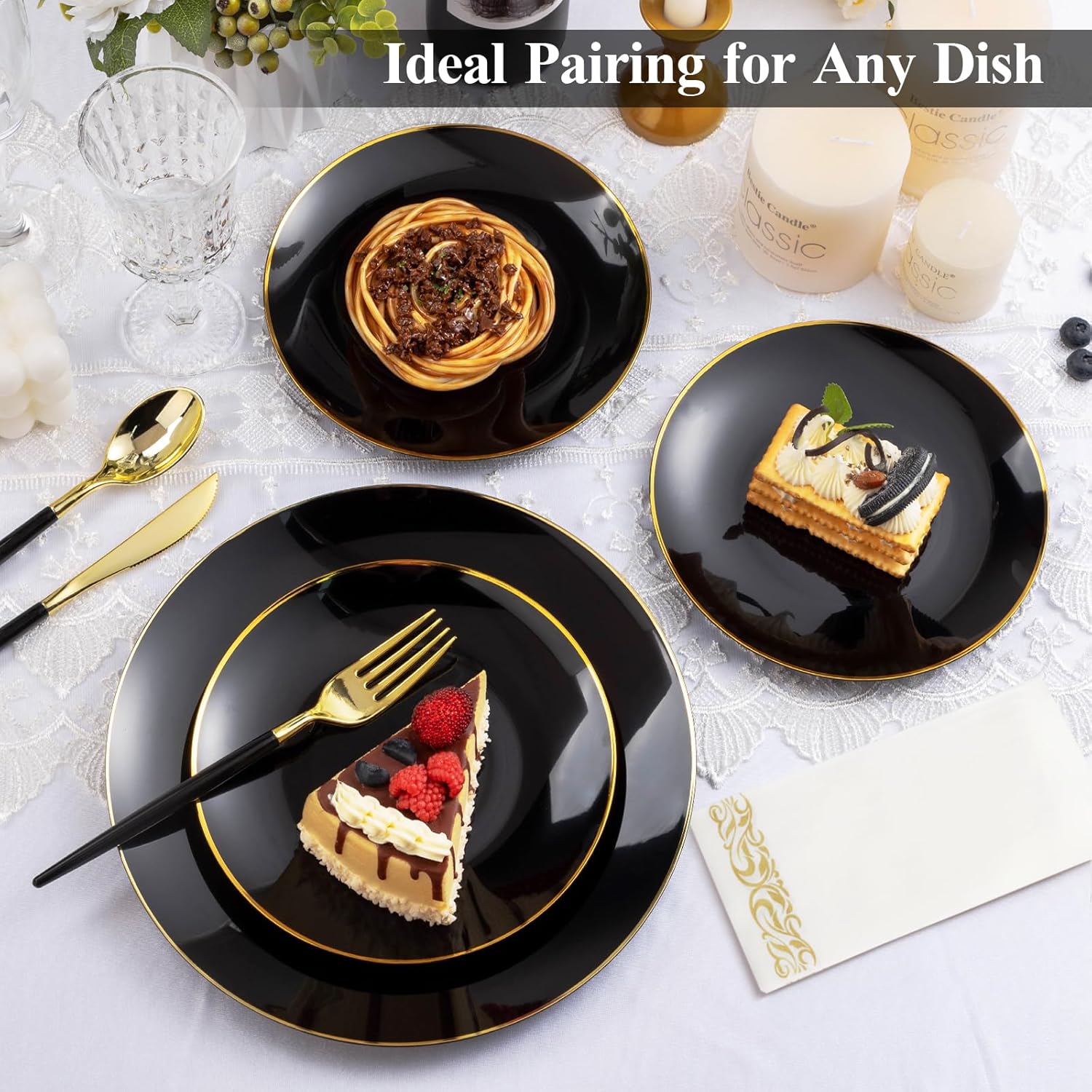 350 Pieces Black Gold Plastic Dinnerware Set for 50 Guests