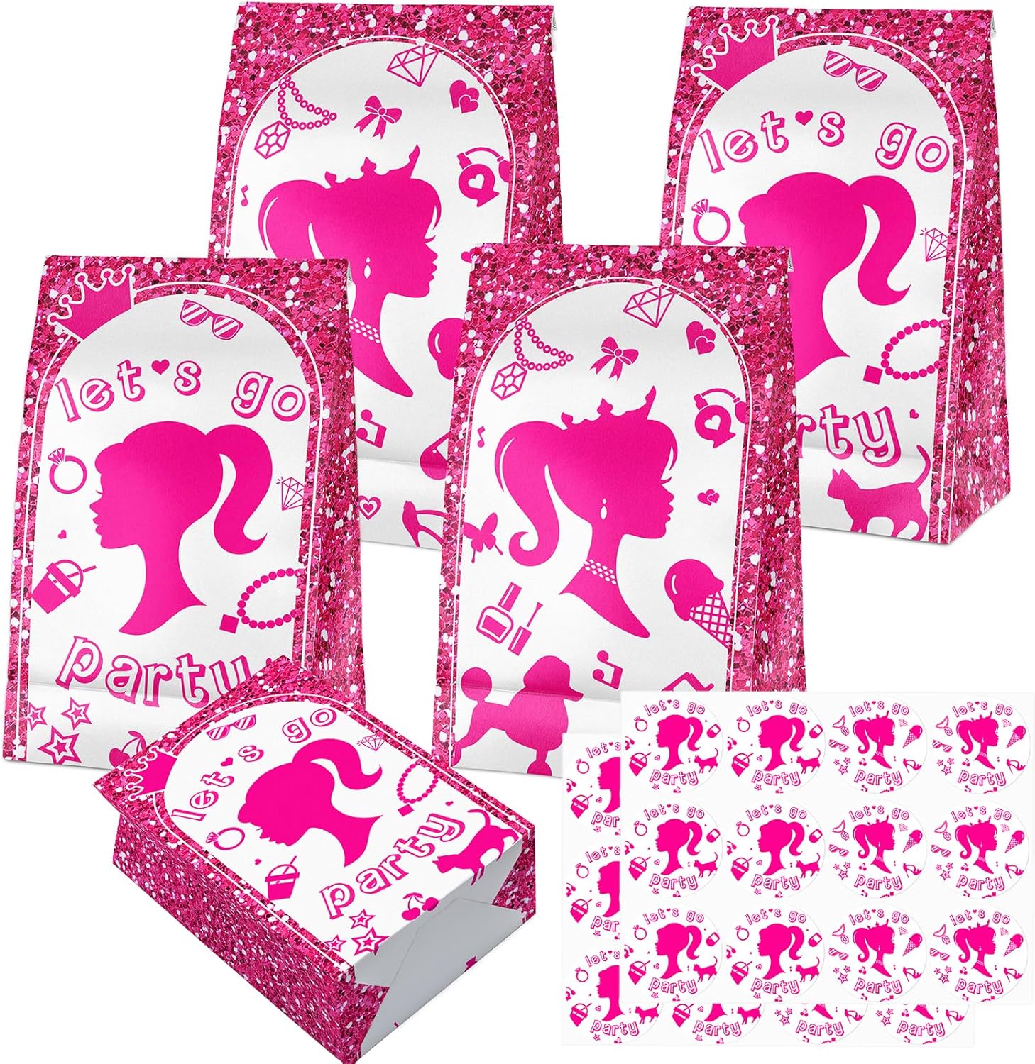 24 Pcs Pink Goodie Bags with Stickers for Girls