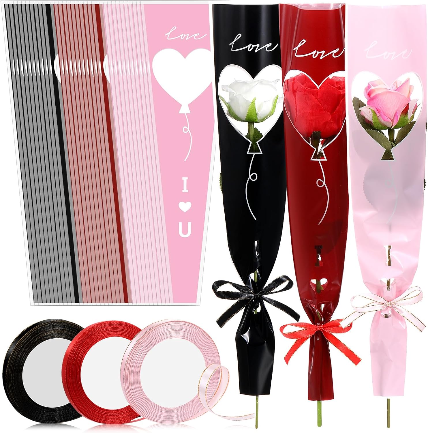 Jutom 300 Pcs Graduation Single Rose Flower Wrap Bags with 3 Polyester Ribbon