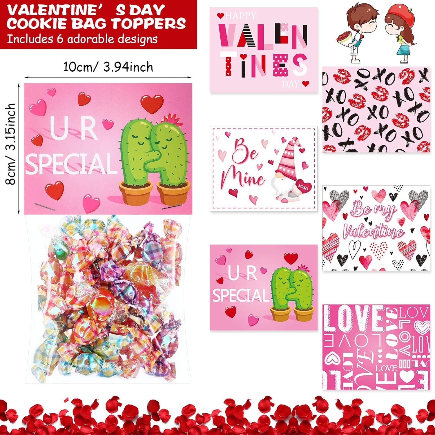 54-Piece Valentine Candy Cello Bags with Adhesive Toppers