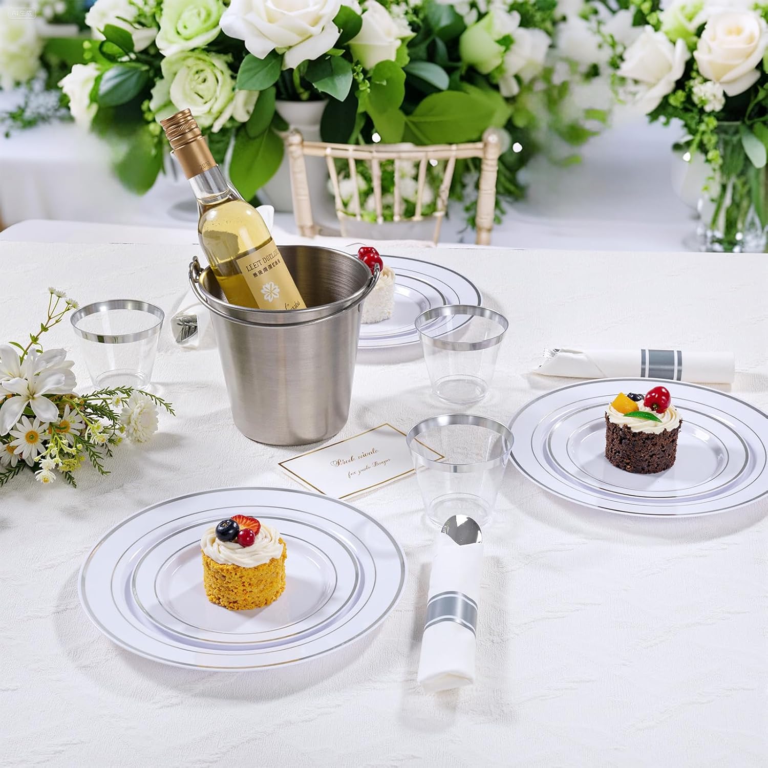 DaYammi 350PCS Silver Plastic Dinnerware Set for 50 Guests