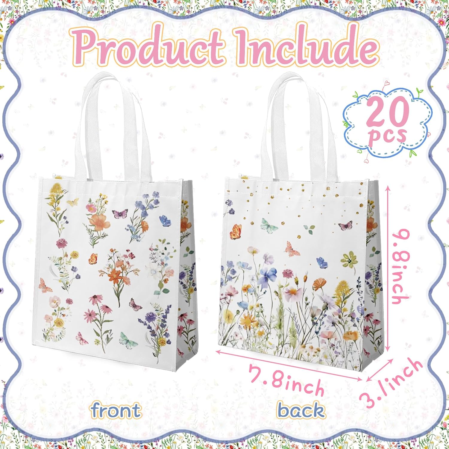 Delaimastor 20pcs Wildflower Gift Bags Reusable Tote Bags with Handles