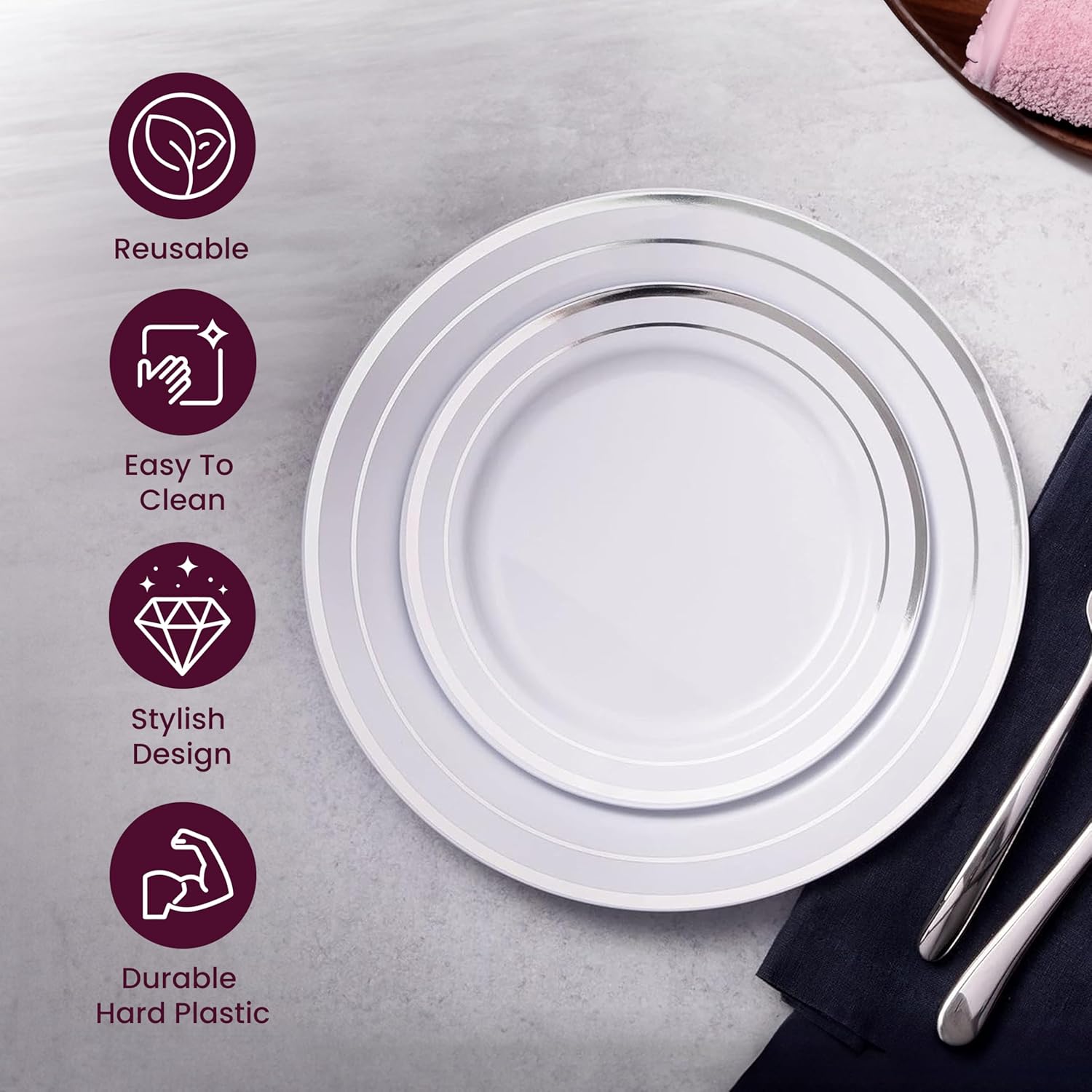 Ayas 60 Silver Rimmed Plastic Plates Set