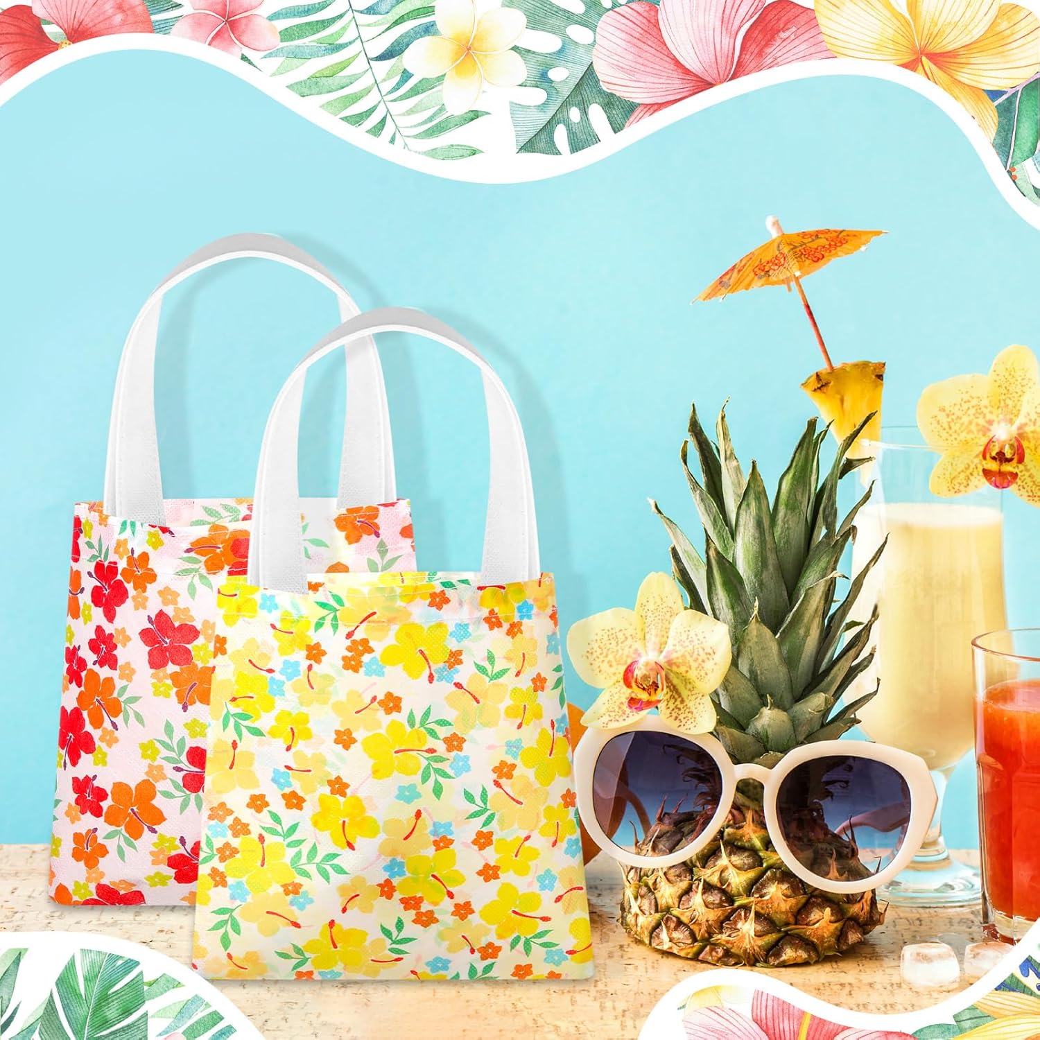 Kolldenn 24 Pcs Hawaiian Tote Bags with Handles