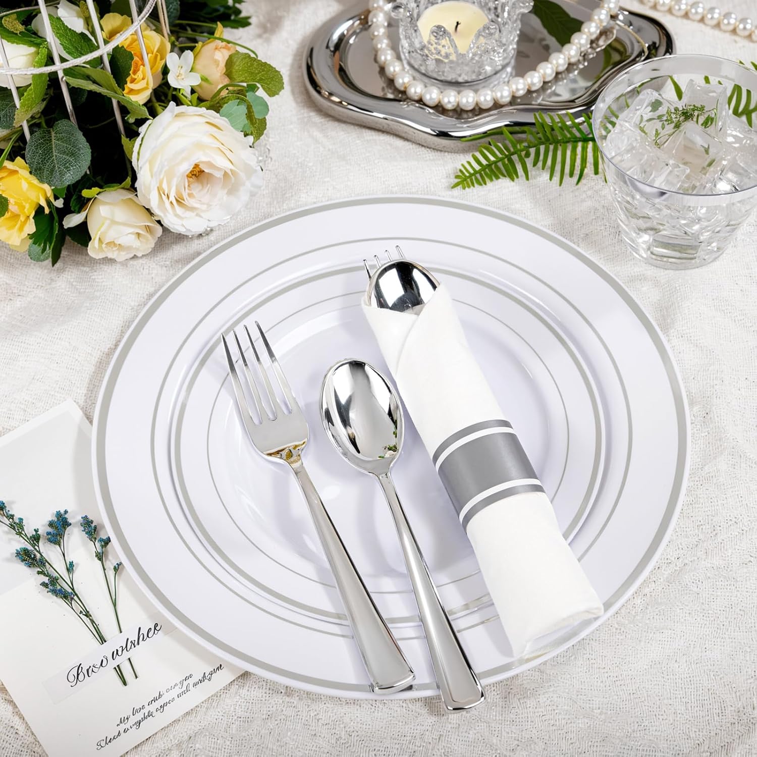 WELLIFE 350Pcs Silver Plastic Plates for 50 Guests - Party Dinnerware Set