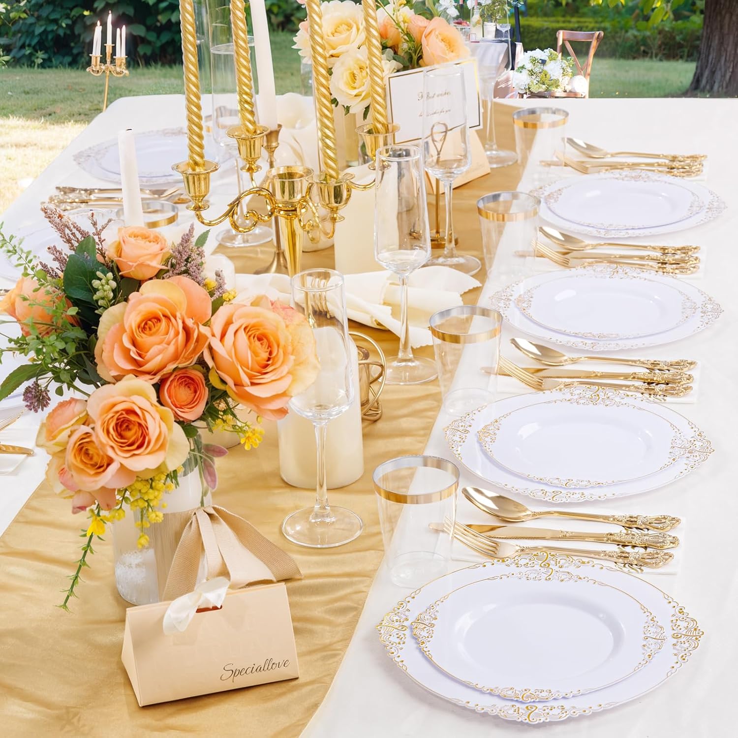 YOUBET 700PCS Gold Plastic Dinnerware Set for 100 Guests Wedding Party Graduation